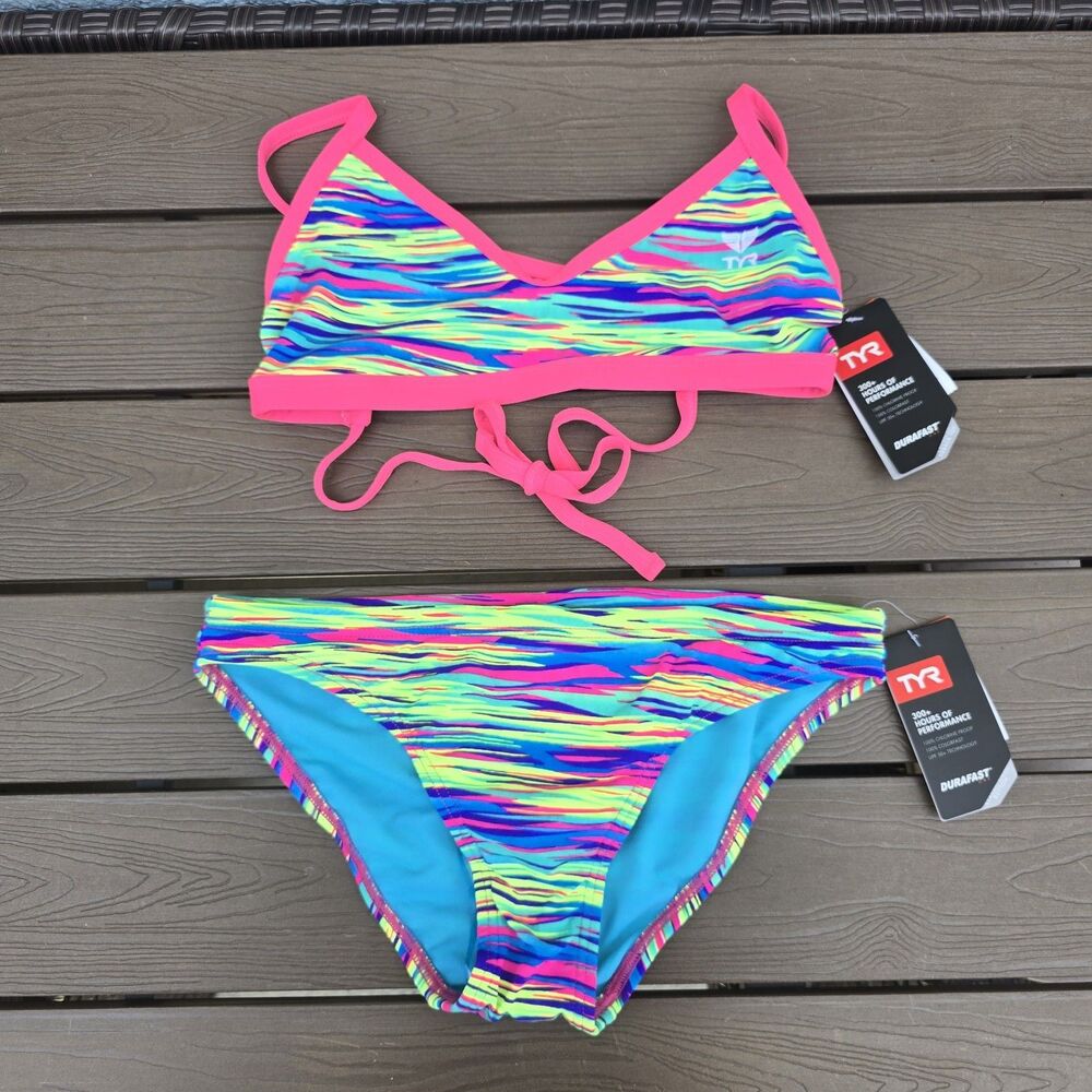 TYR Durafast Crosscut Tieback Top Bonzai Blue/multi Bikini Size S New